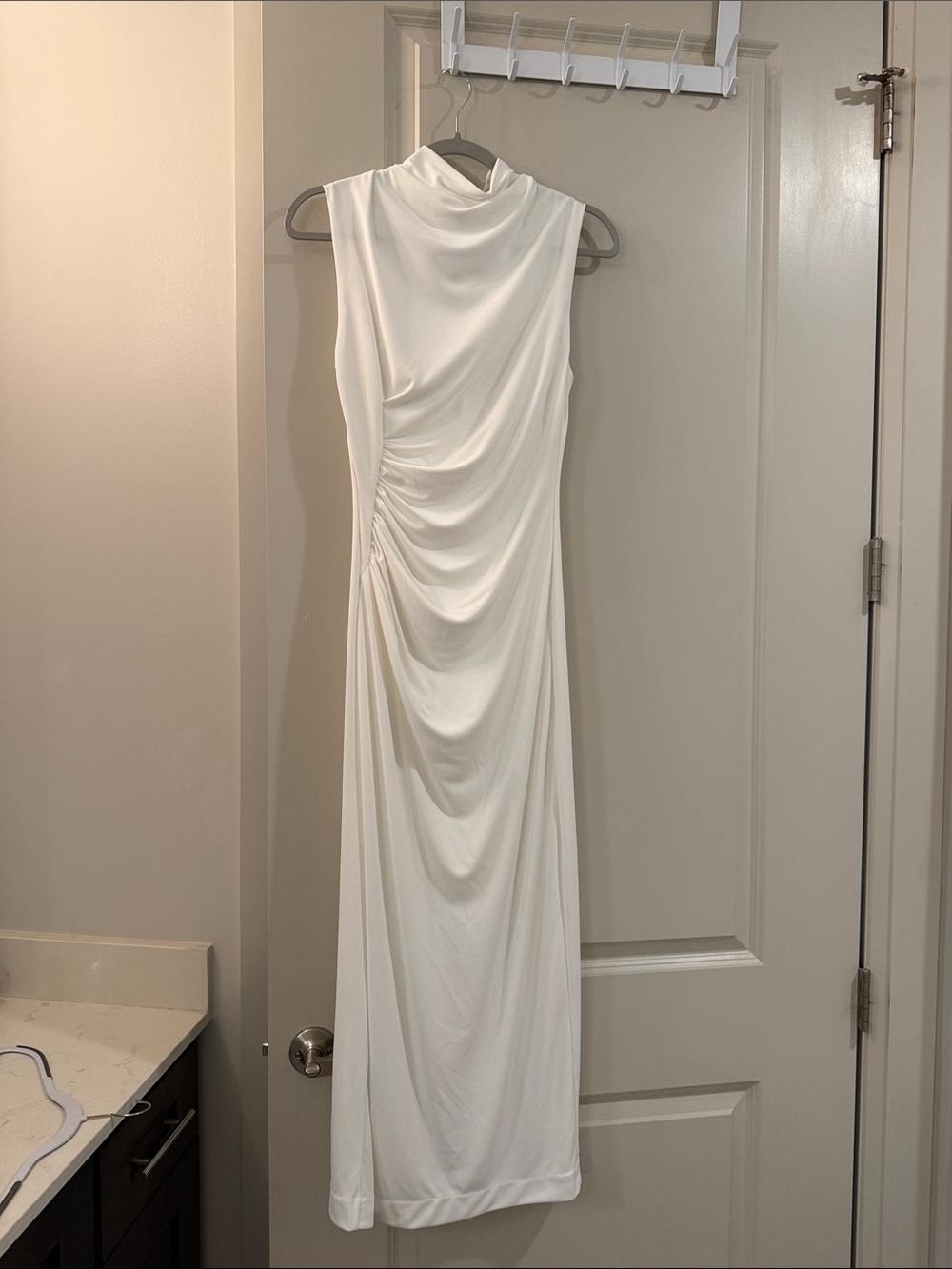 Zara Sleeveless White Draped High-Neck Maxi Dress